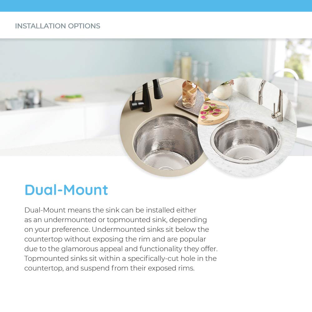 Two hammered copper round bar sinks with dual-mount installation options displayed in a kitchen countertop setup.