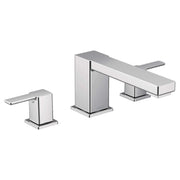 Chrome two-handle roman tub faucet with angled spout and rectangular handles mounted on deck plate.