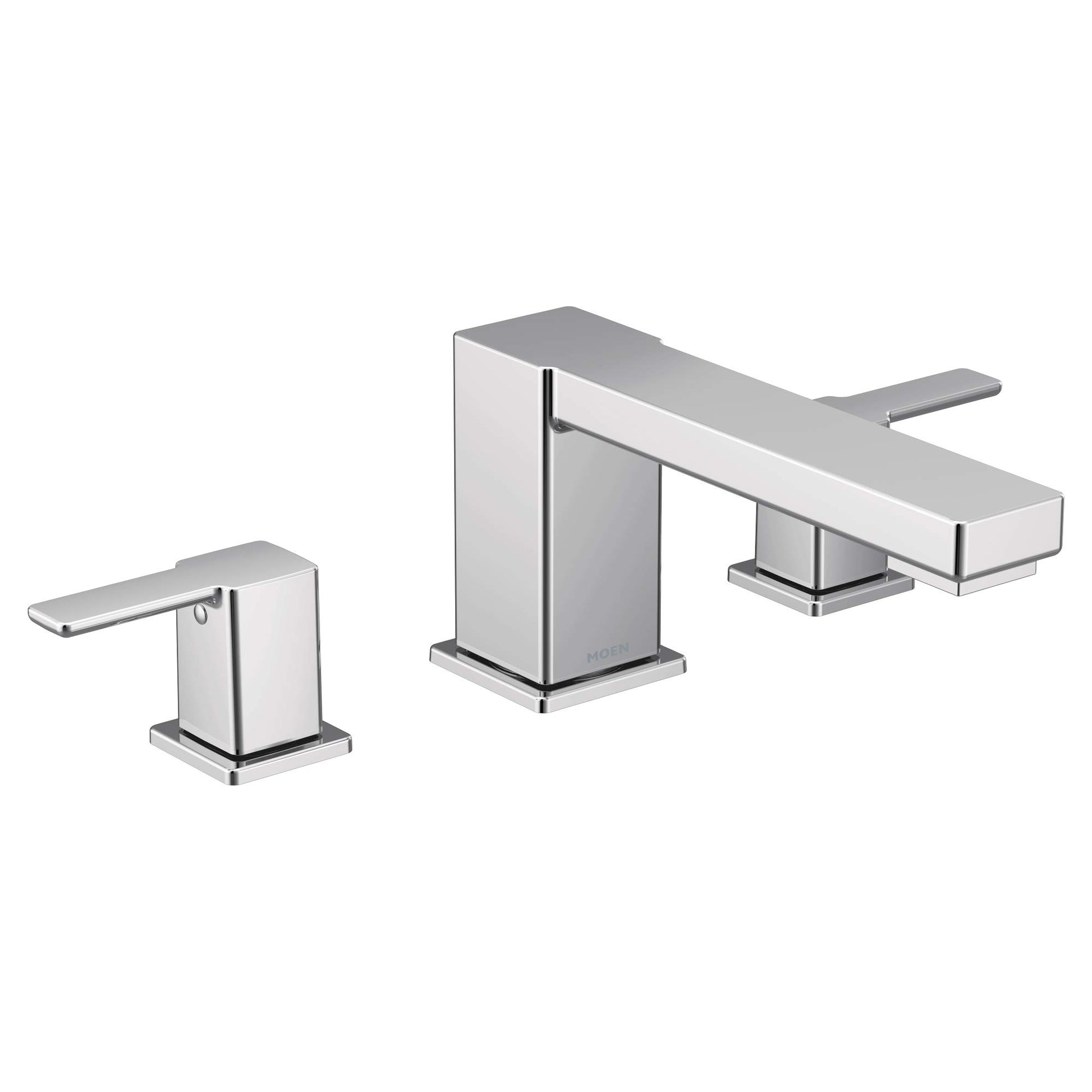 Chrome two-handle roman tub faucet with angled spout and rectangular handles mounted on deck plate.