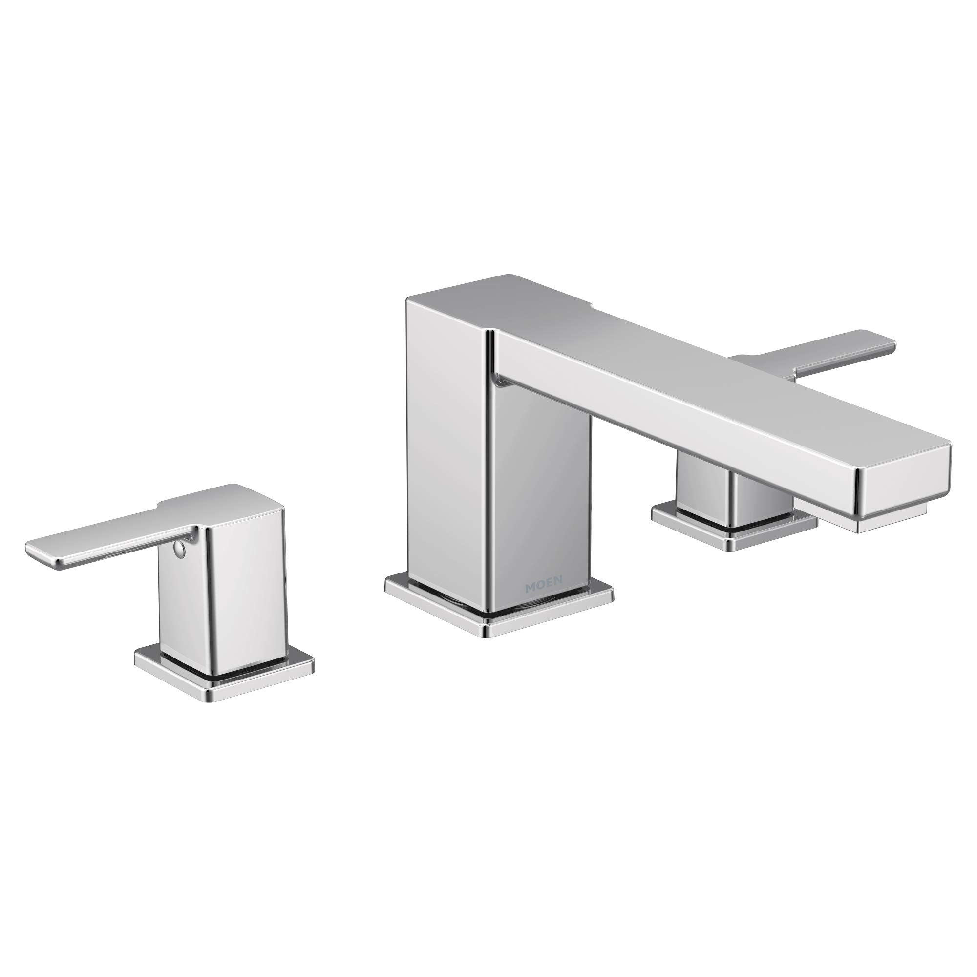 Chrome two-handle roman tub faucet with angled spout and rectangular handles mounted on deck plate.