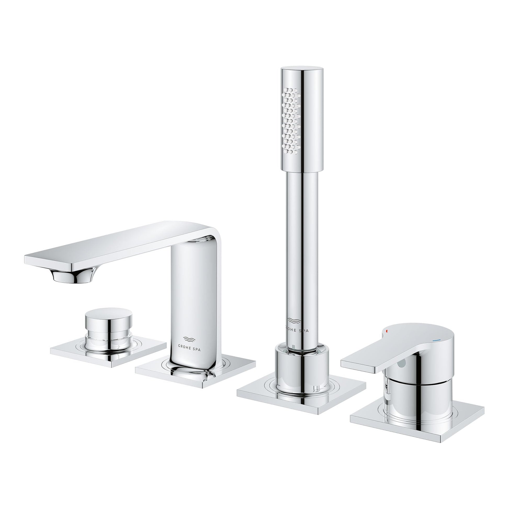 Grohe Allure 4-hole deck mount tub faucet in brushed nickel with single handle, spout, tall vertical sprayer, and hand shower