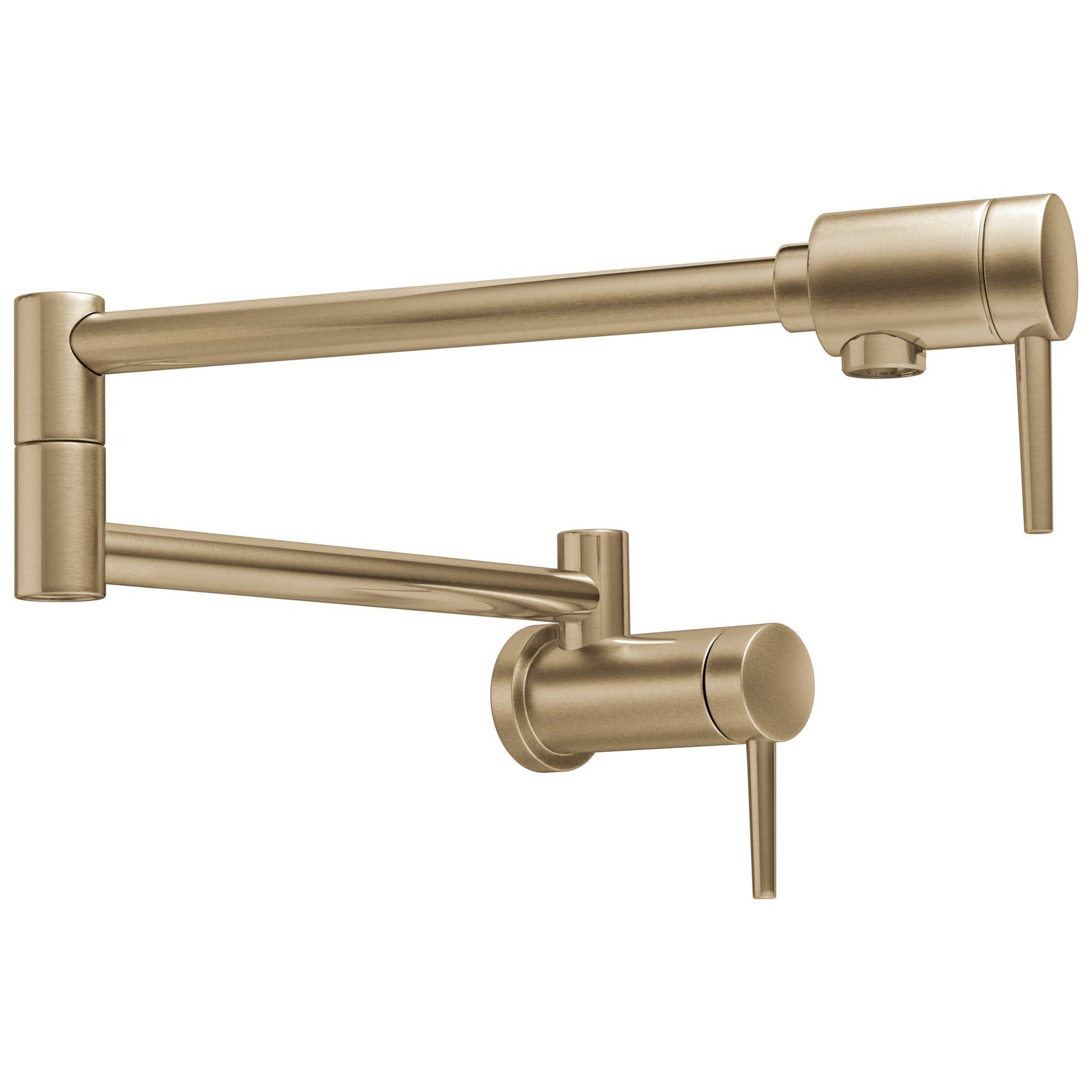 Champagne bronze wall-mounted pot filler with articulating arm and lever handle.