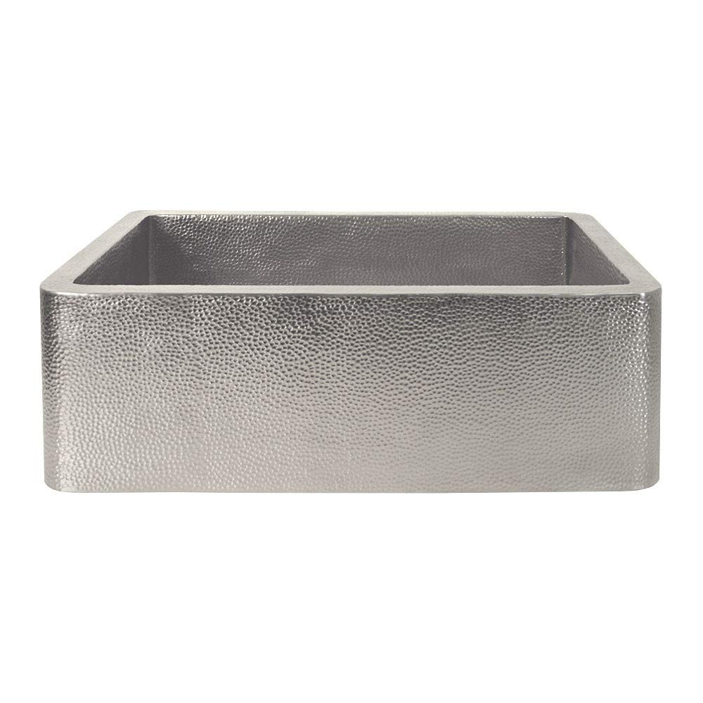 Brushed nickel farmhouse kitchen sink with textured hammered finish and single deep basin.