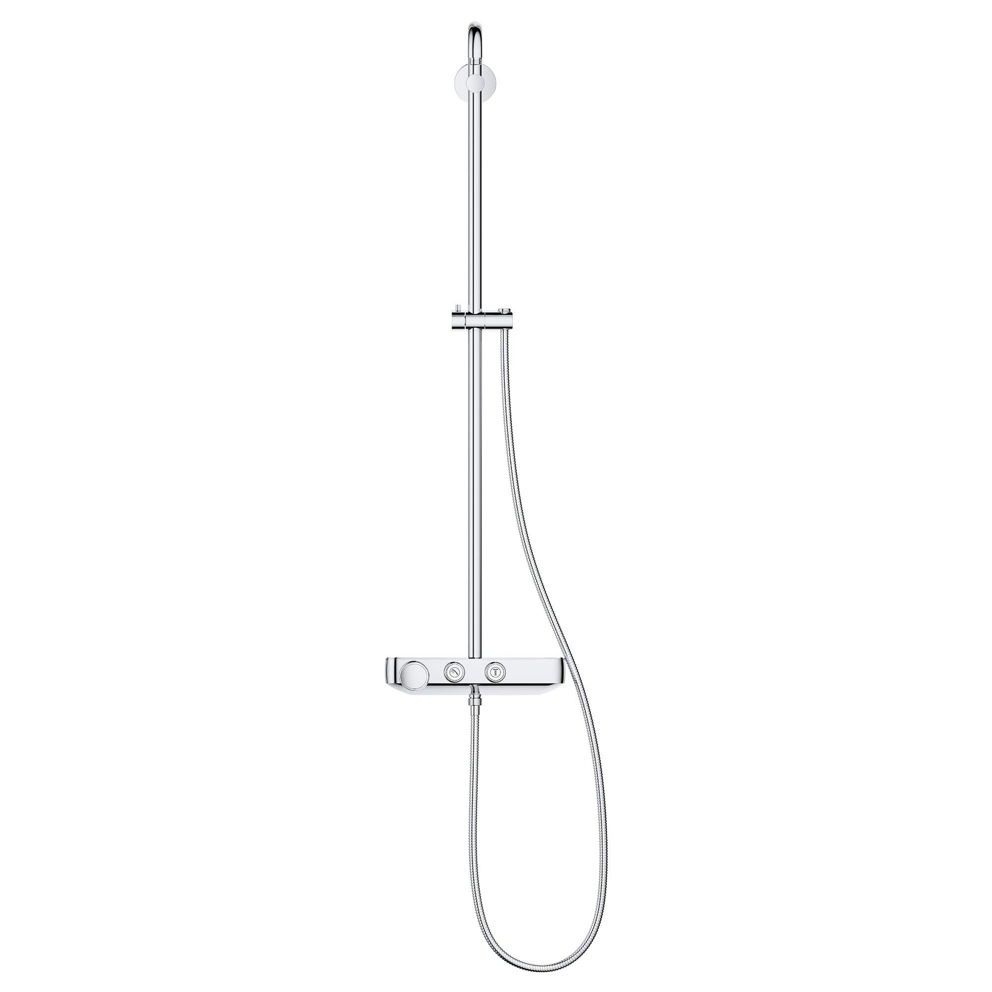 Chrome thermostatic shower system with overhead rainfall showerhead, handheld wand, vertical rail, and control valve.
