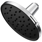Chrome rainshower spray head with black face, multiple jets, and cylindrical arm connection.