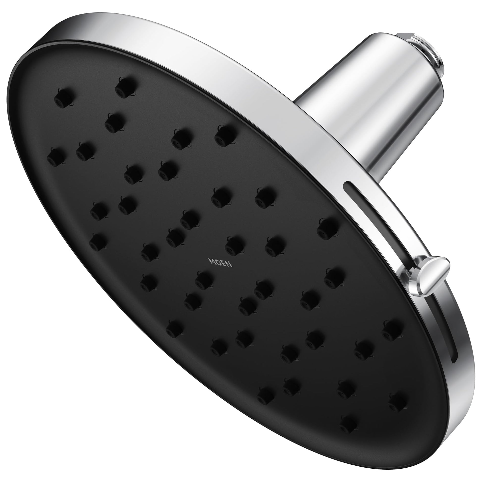 Chrome rainshower spray head with black face, multiple jets, and cylindrical arm connection.