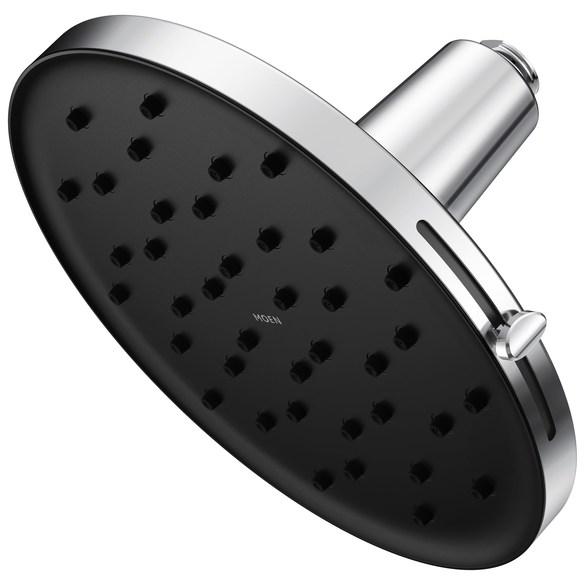 Chrome rainshower spray head with black face, multiple jets, and cylindrical arm connection.
