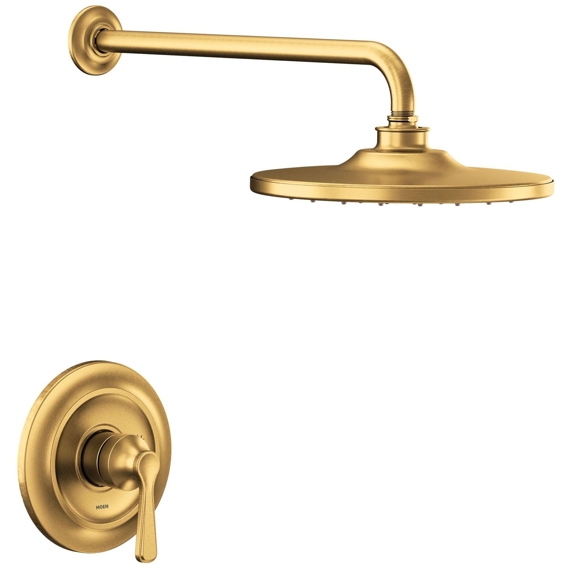 Brushed gold shower trim kit with single lever handle, wall-mounted arm, and round showerhead.
