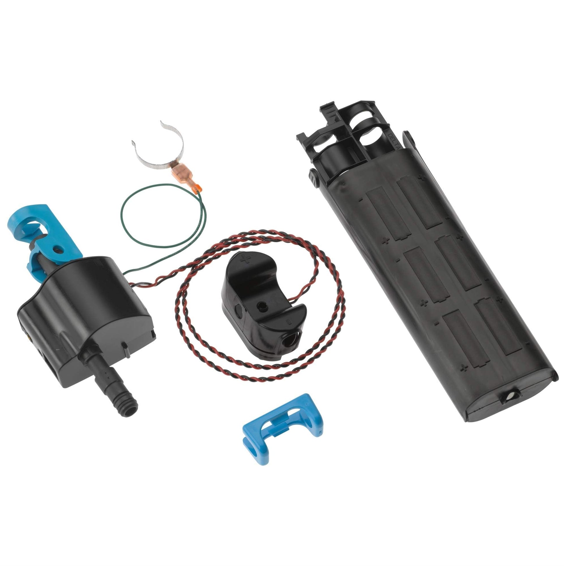 Delta thermostatic mixing valve components including black cylindrical housing, blue brackets, sensor unit, and connecting ca