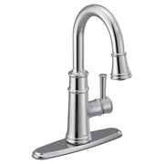 Chrome kitchen faucet with pulldown spout, single handle, and rectangular base.