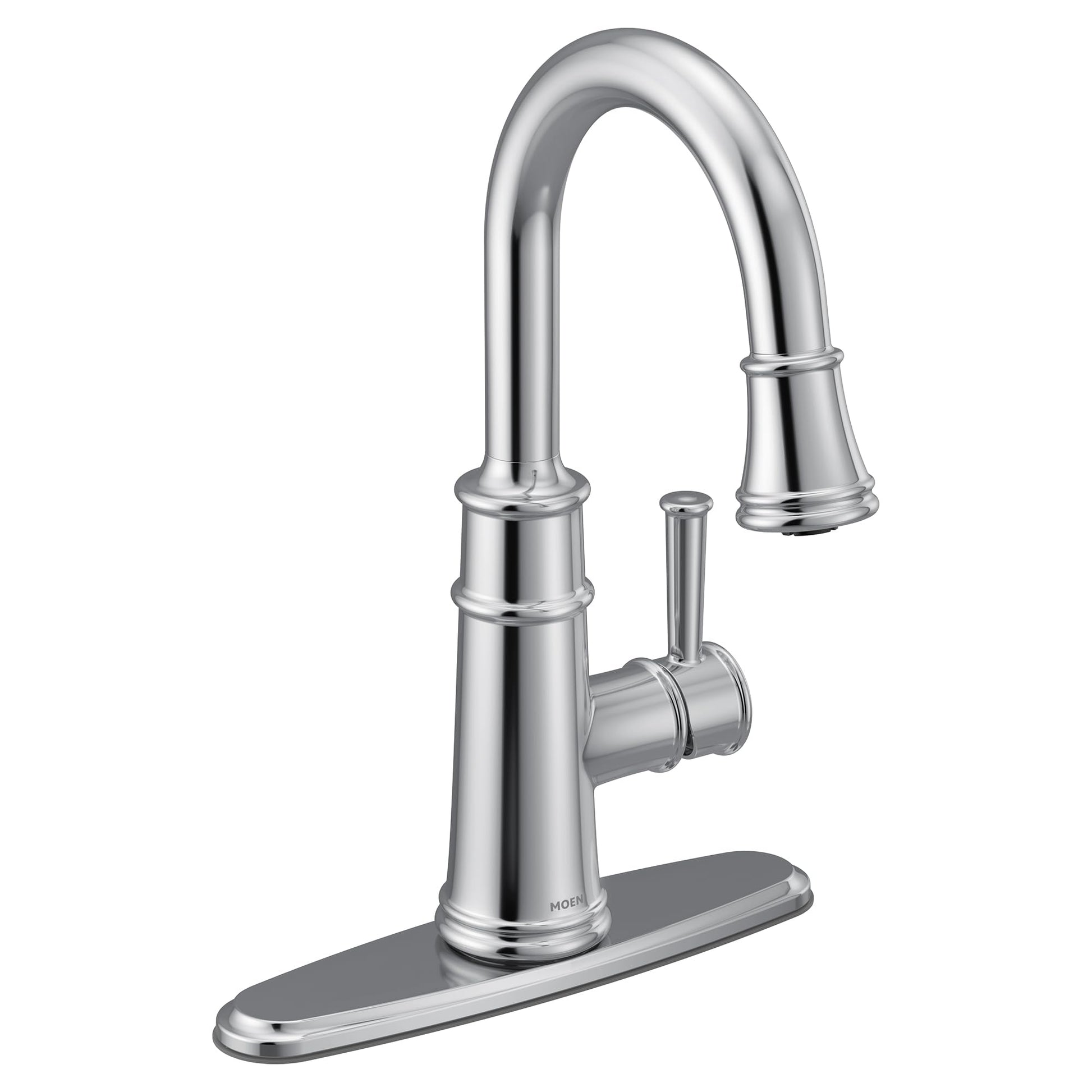Chrome kitchen faucet with pulldown spout, single handle, and rectangular base.