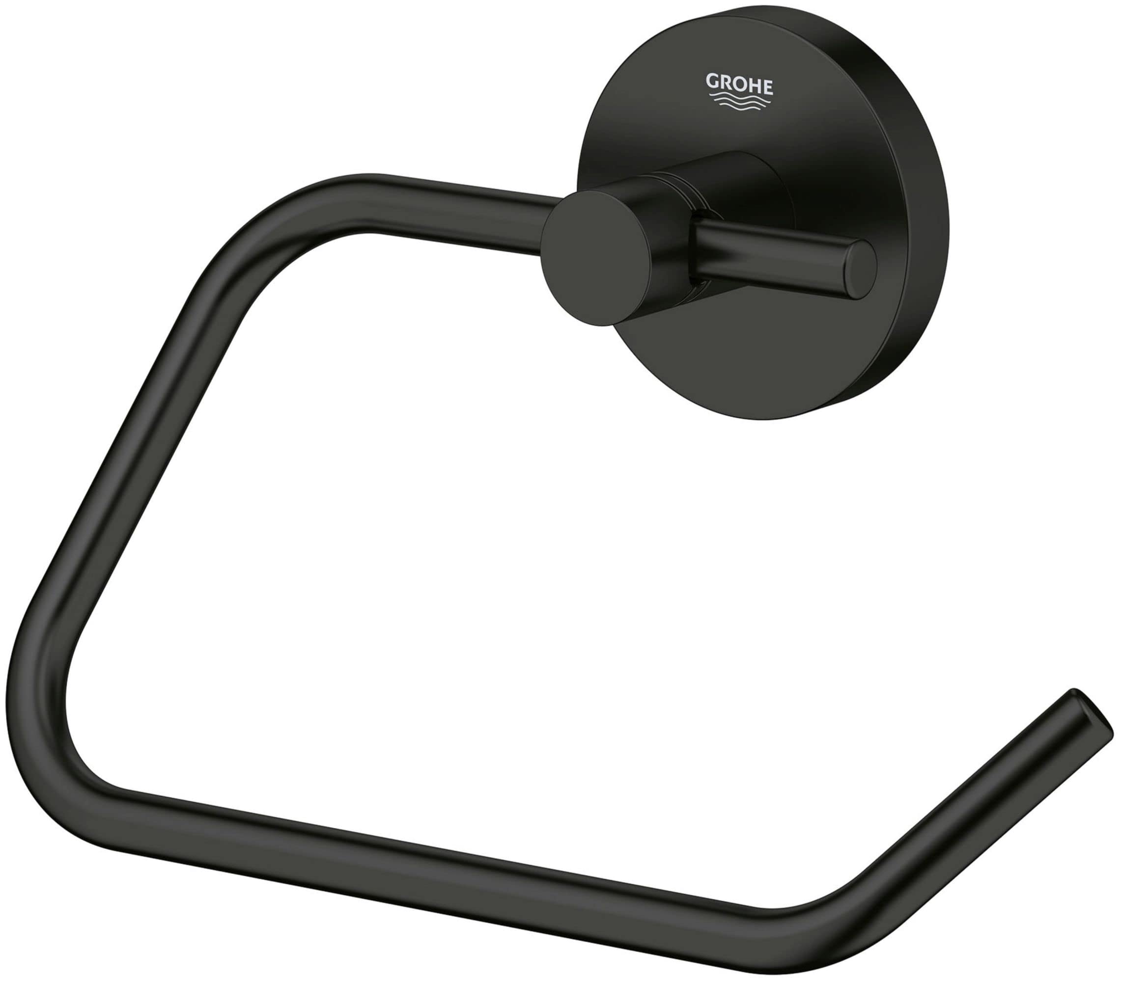 Matte black metal paper holder with curved arm and circular wall-mounted base stamped with Grohe logo.