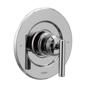 Chrome shower valve trim with round escutcheon plate and single lever handle, red and blue temperature indicators visible.
