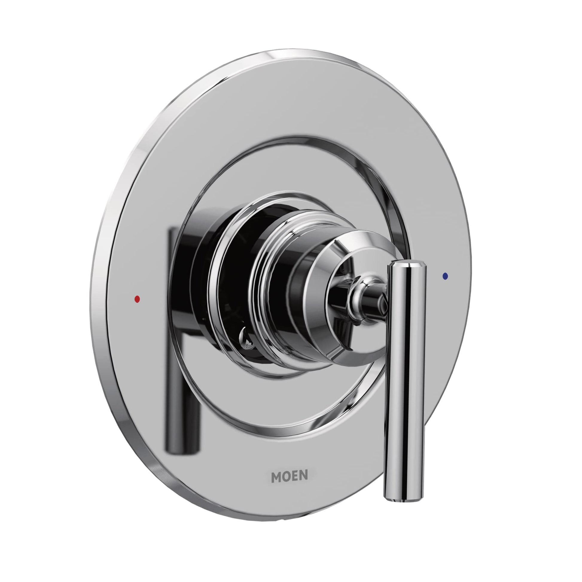 Chrome shower valve trim with round escutcheon plate and single lever handle, red and blue temperature indicators visible.