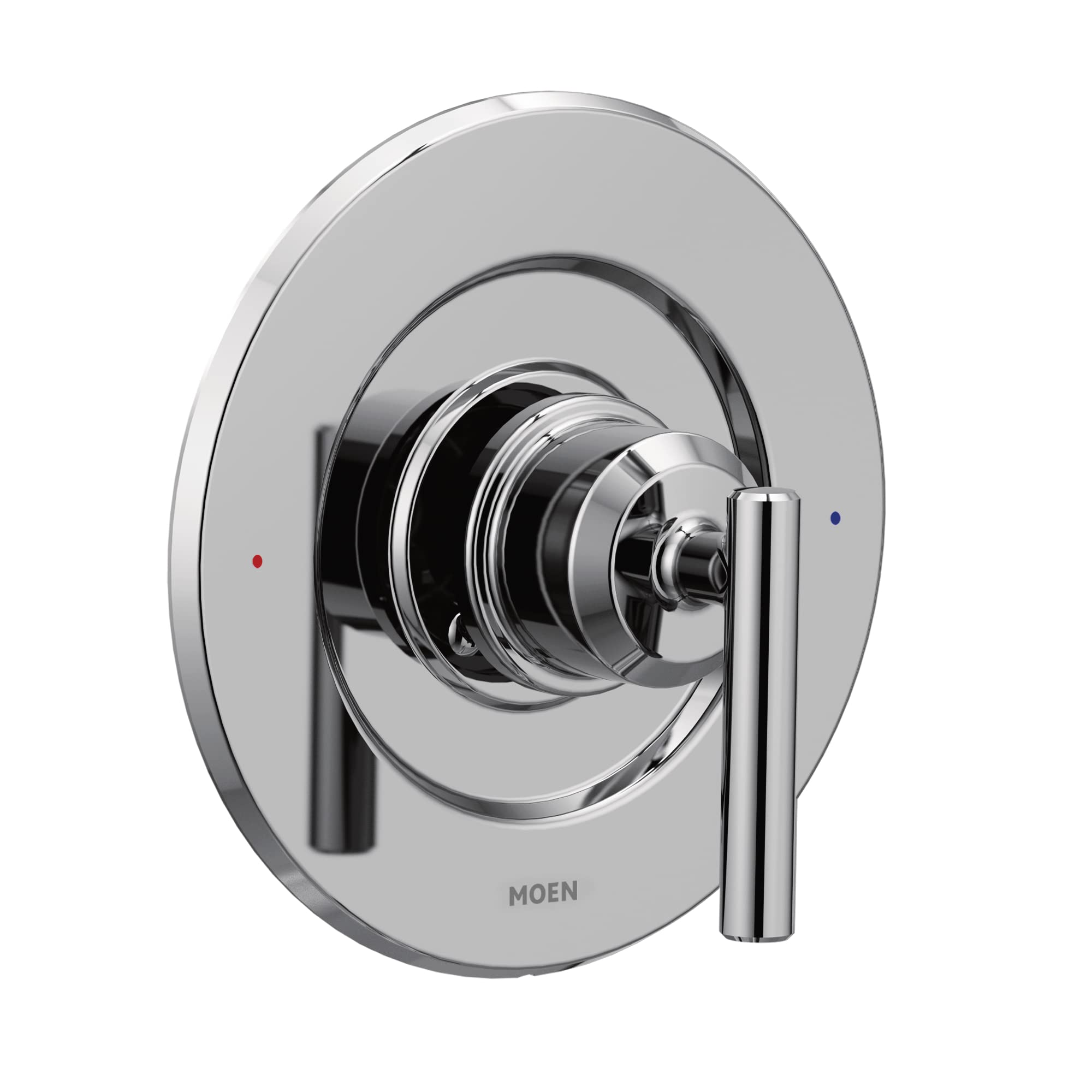 Chrome shower valve trim with round escutcheon plate and single lever handle, red and blue temperature indicators visible.