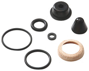 Set of six black rubber and cork seals and gaskets in various sizes for plumbing repair.