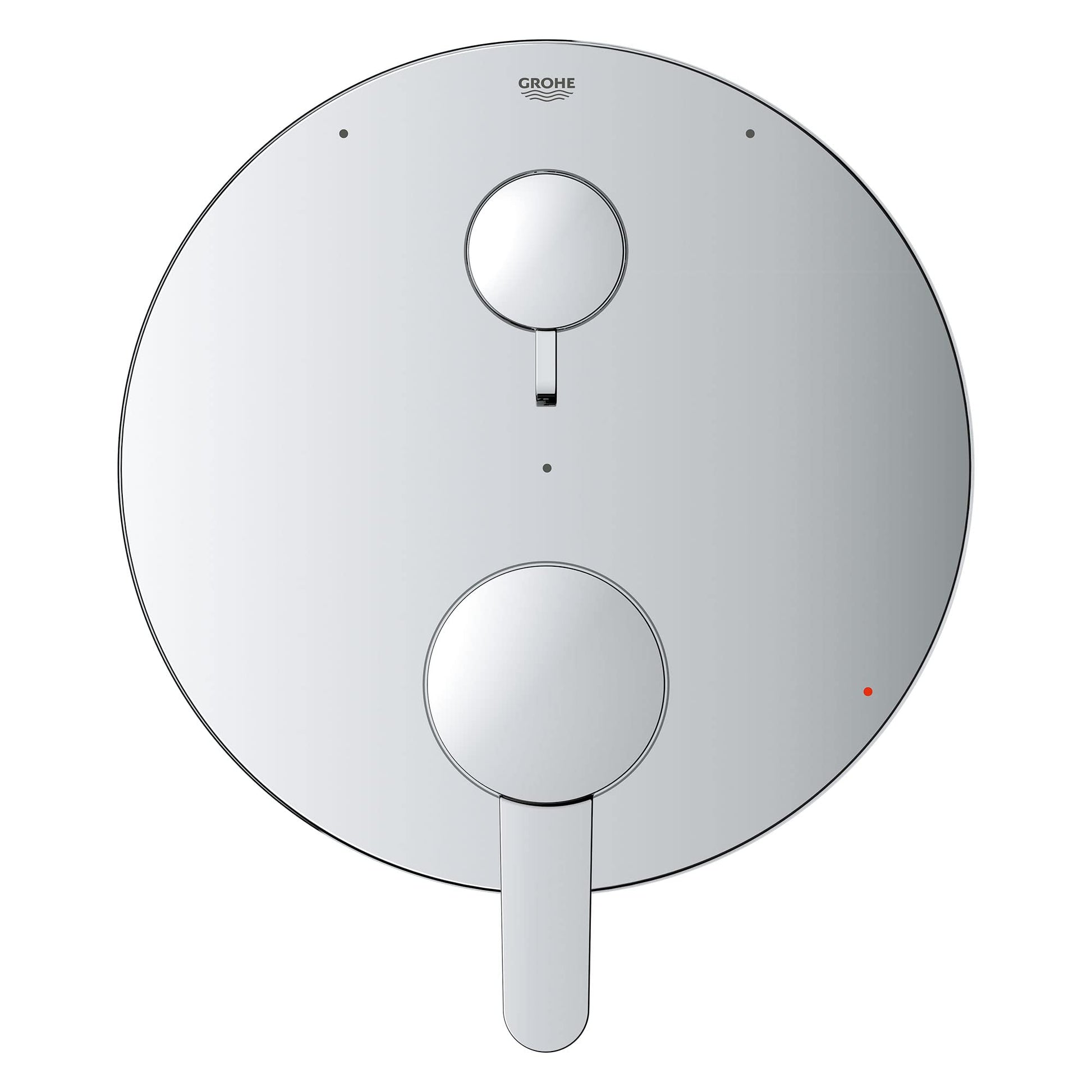 Chrome circular shower valve trim with two round control knobs and diverter lever on polished finish plate.
