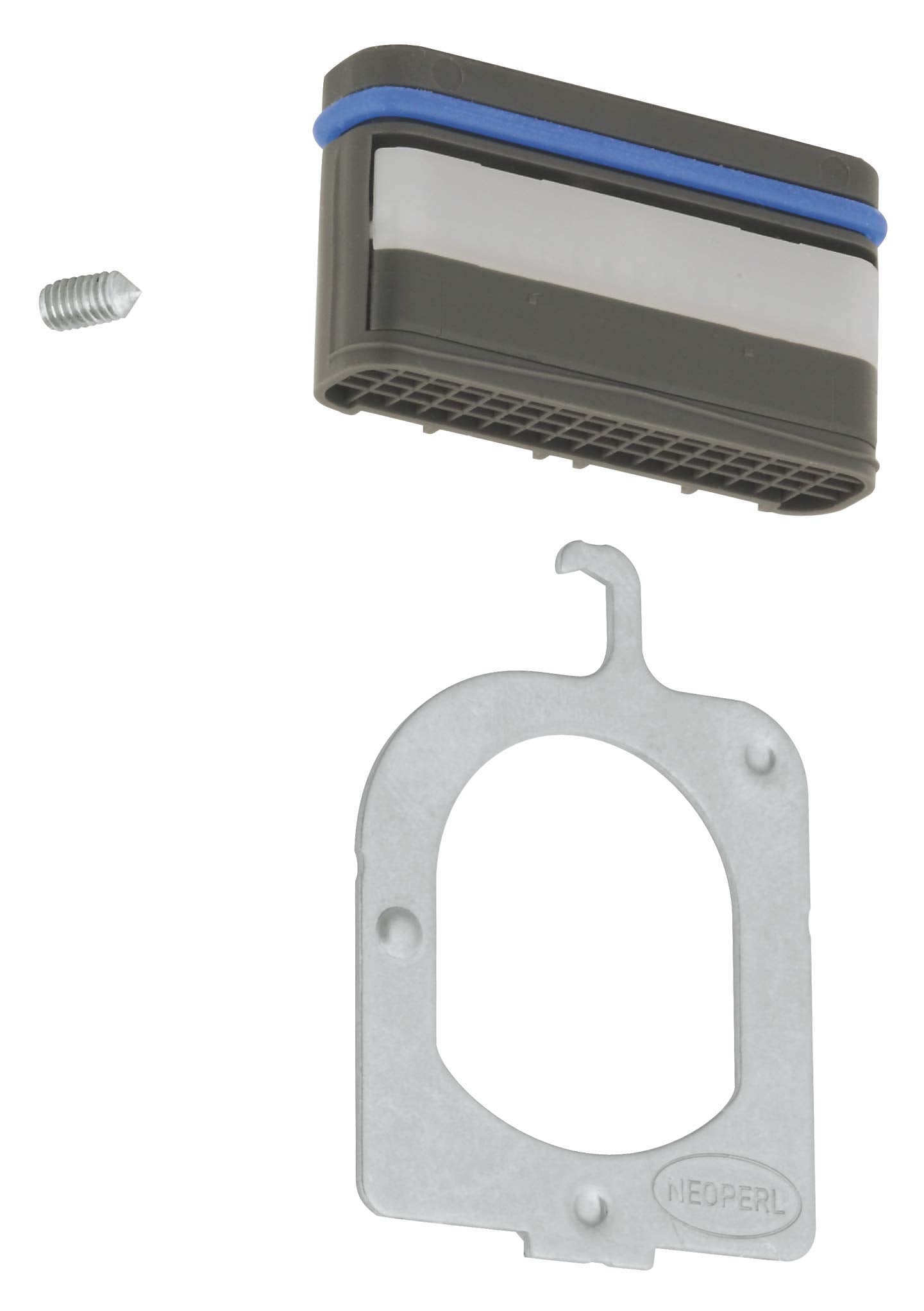 Grohe flow control cartridge with blue band, metal mounting bracket, and stainless steel screw displayed separately.