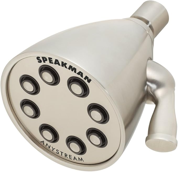 Brushed nickel shower head with round face, eight spray holes, adjustment lever, and threaded connector.