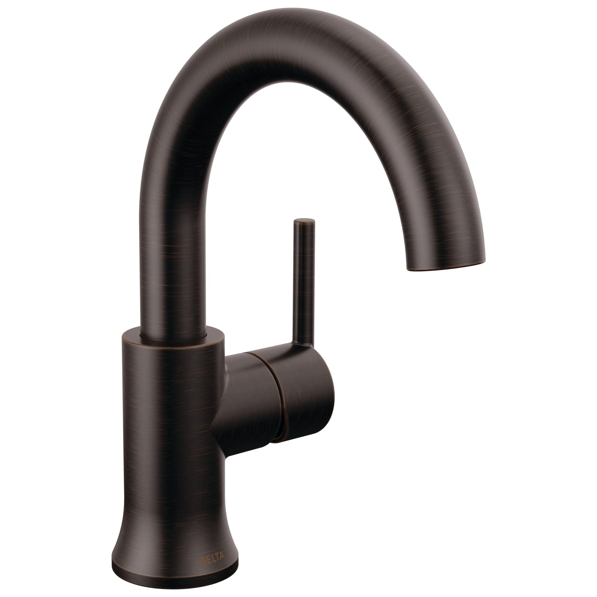 Single-handle bathroom faucet with high curved spout and side lever, dark bronze finish.