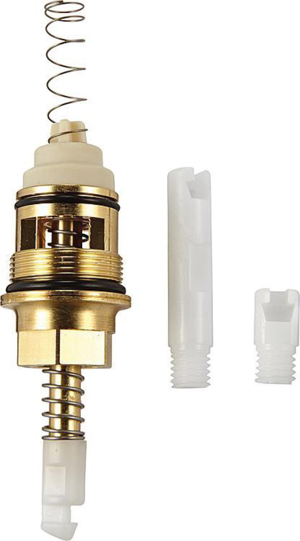 Chrome and brass diverter cartridge with coiled spring, cream plastic components, and two white plastic adapter pieces.