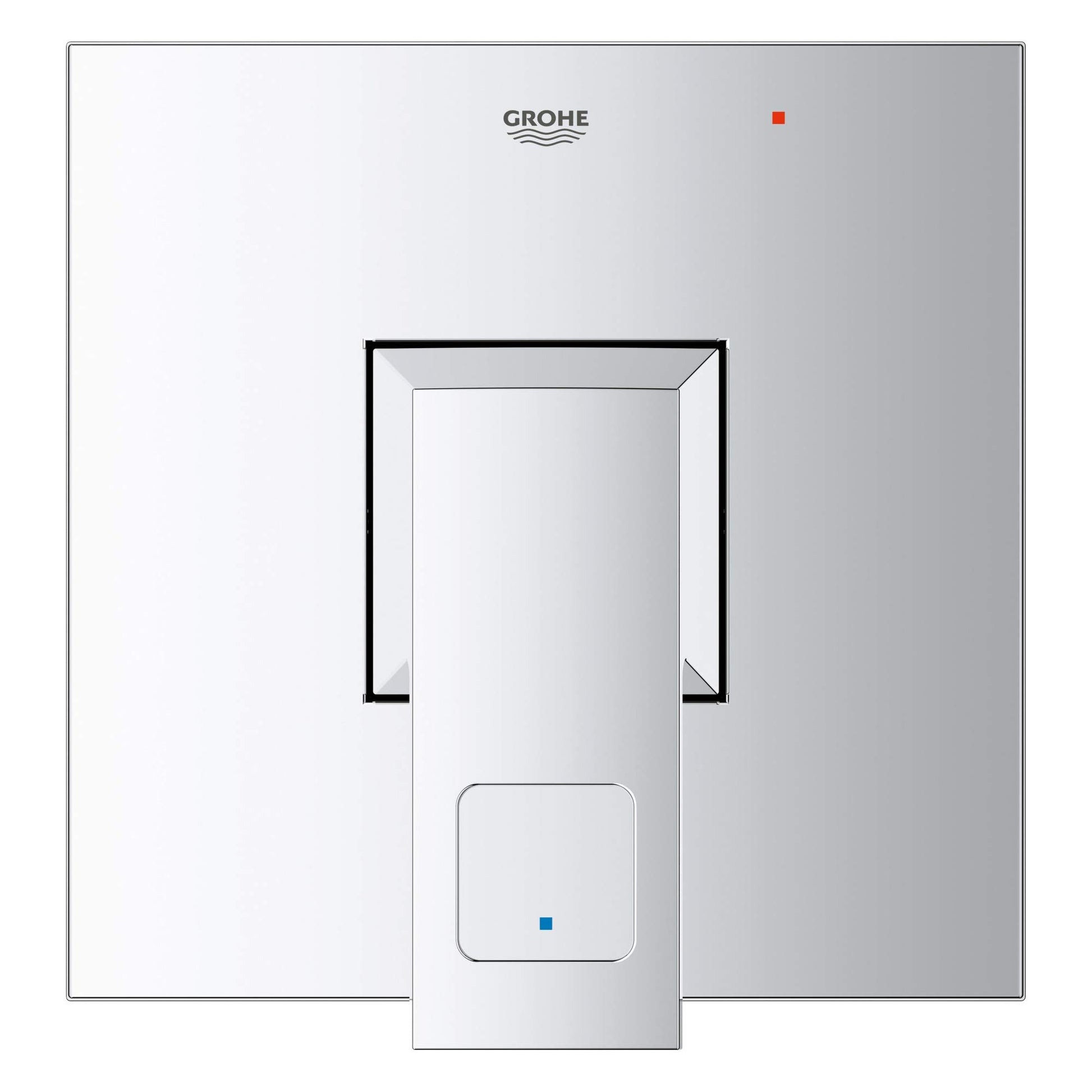 Chrome pressure balance valve trim with square escutcheon plate and control handle, Grohe logo visible, red and blue indicato