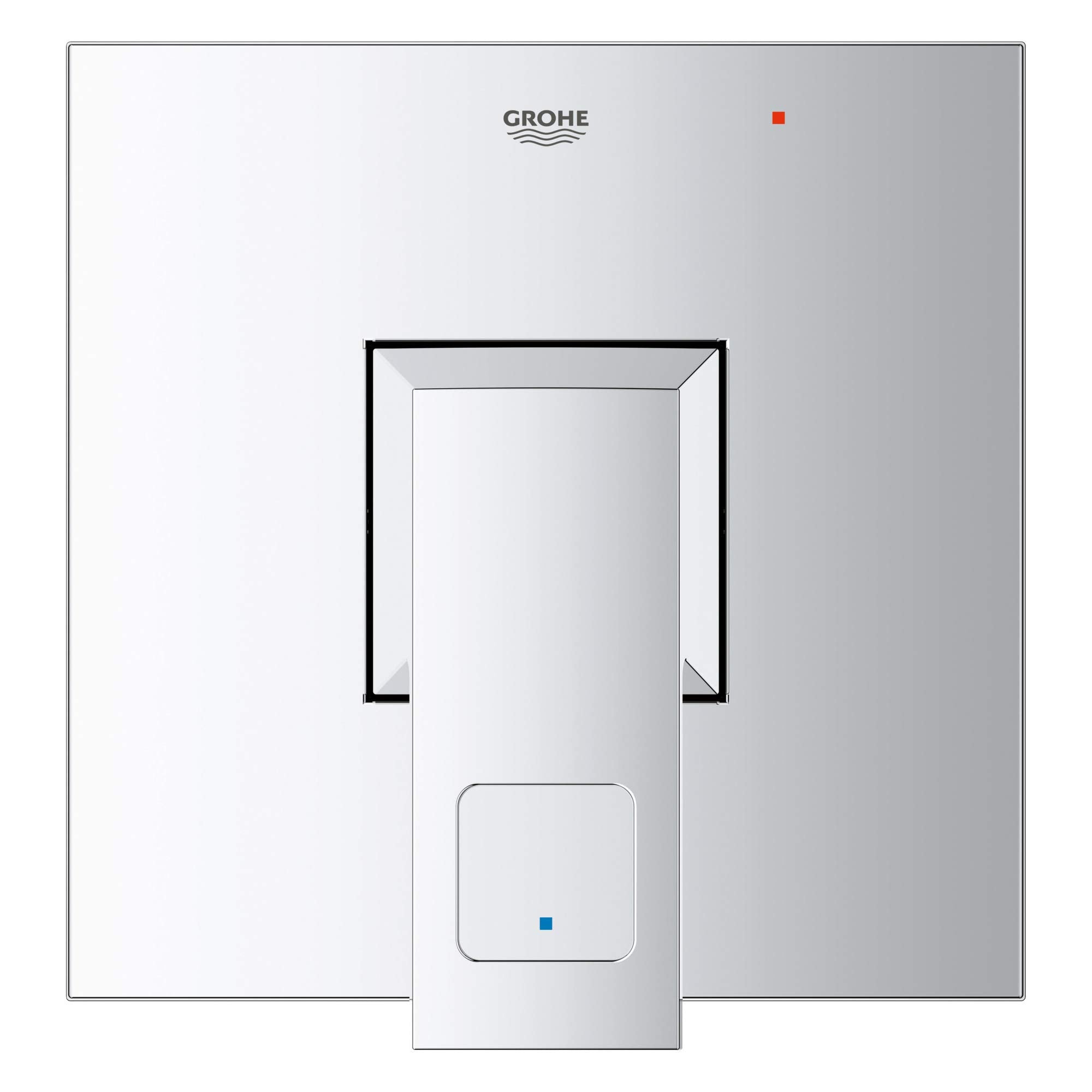 Chrome pressure balance valve trim with square escutcheon plate and control handle, Grohe logo visible, red and blue indicato