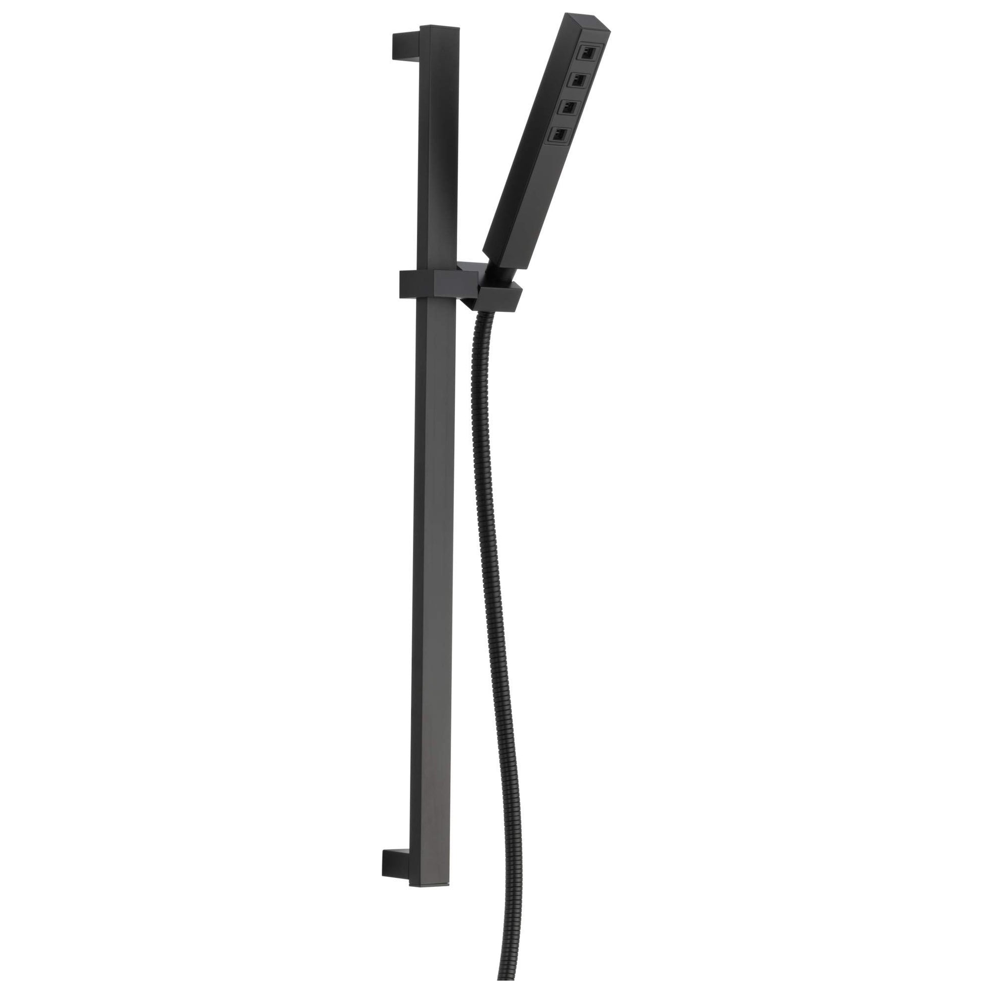Black square slide bar with hand shower head and flexible hose attachment.