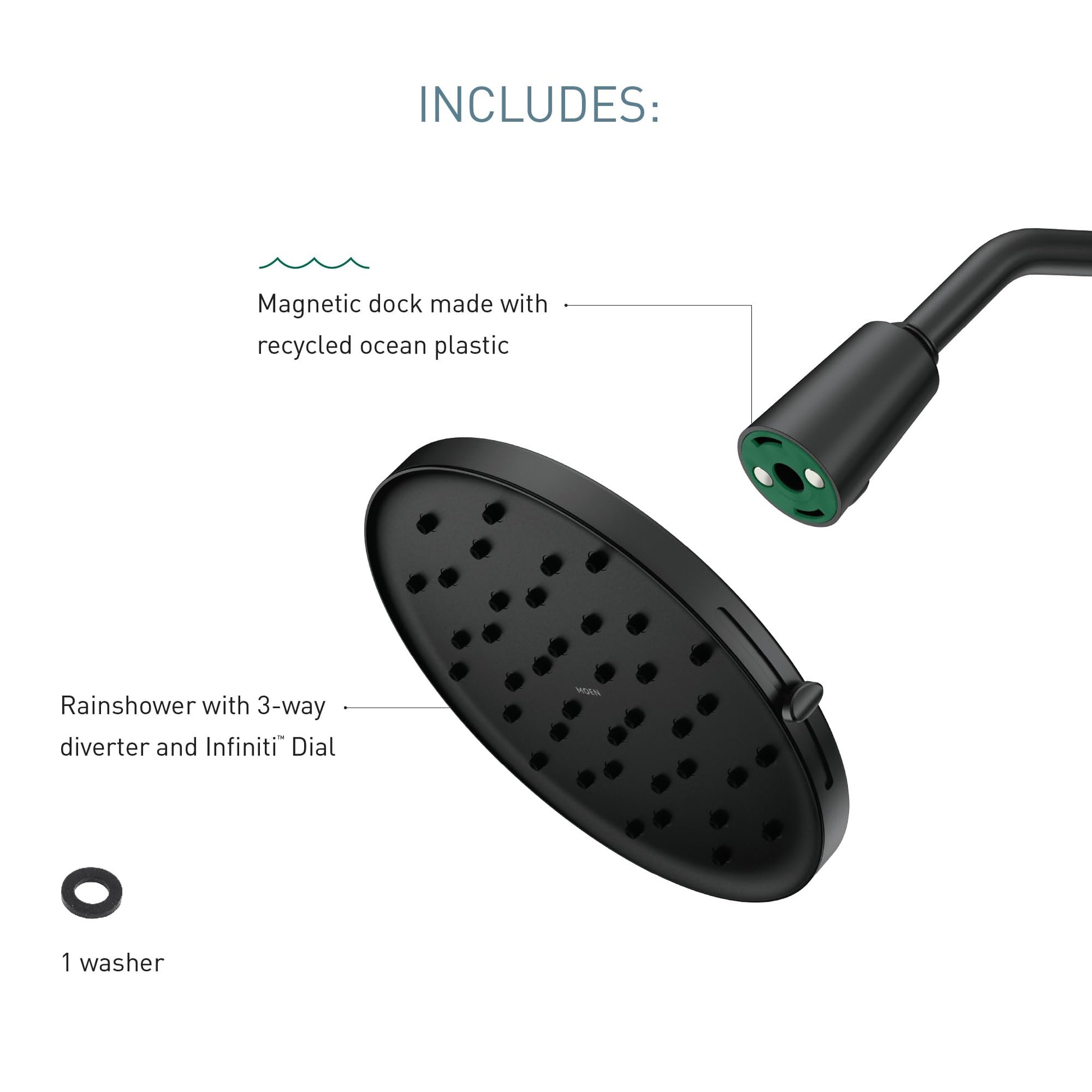 Matte black rainshower head with spray nozzles, handheld wand with green accent, magnetic dock, and washer included.