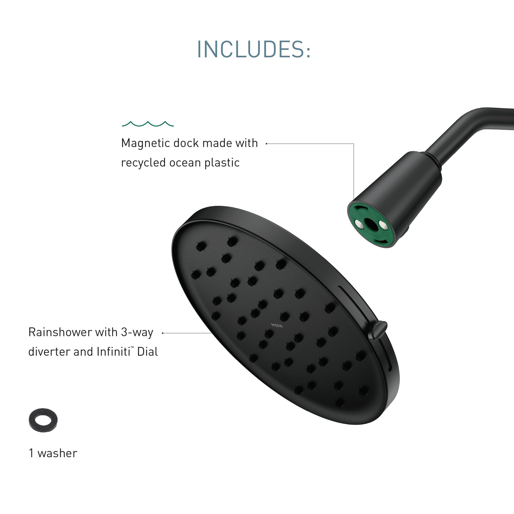 Matte black rainshower head with spray nozzles, handheld wand with green accent, magnetic dock, and washer included.
