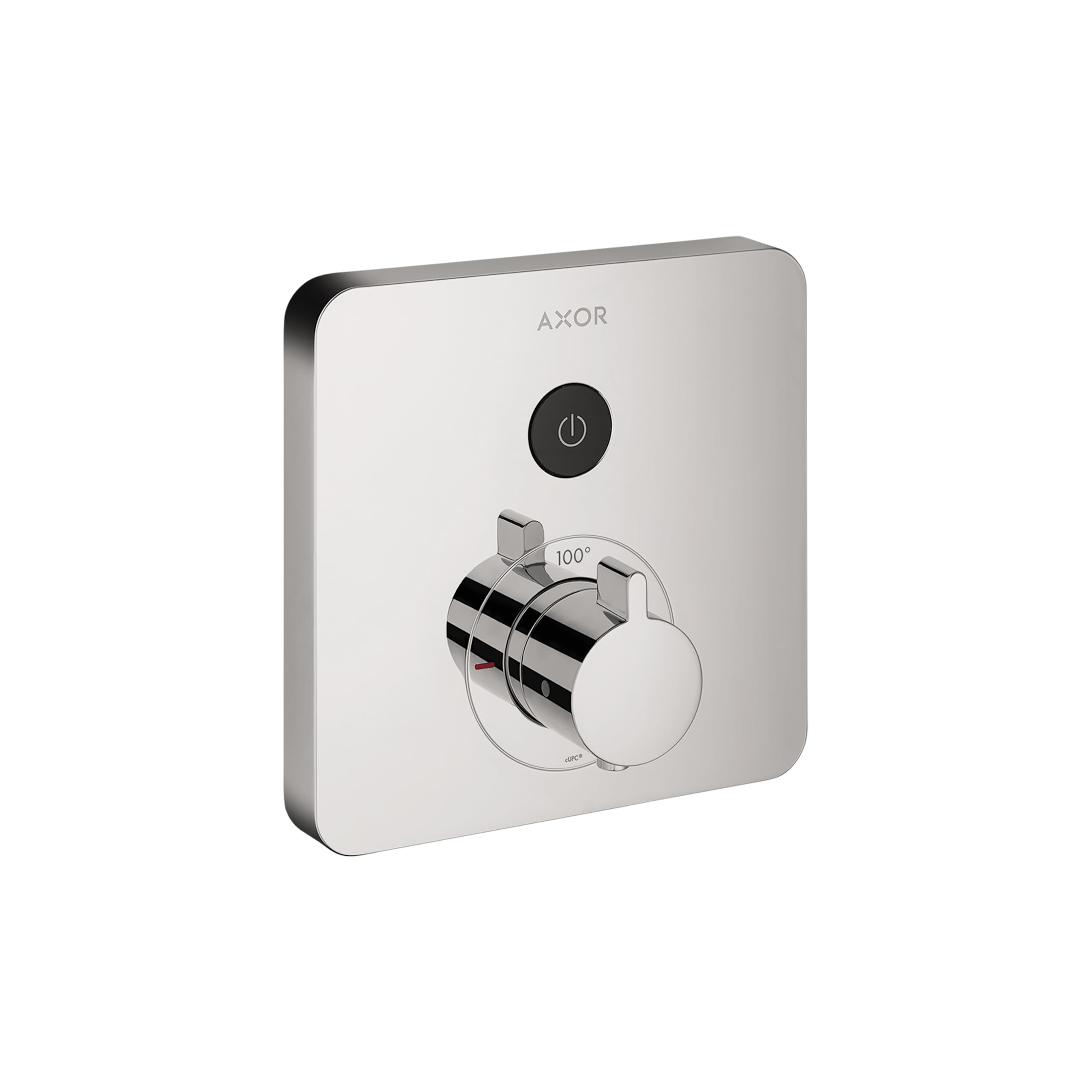 Chrome thermostatic shower trim with square plate, round control dial marked 100°, and black power button.