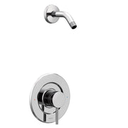 Chrome shower trim kit with curved arm and round valve trim plate with temperature control indicator dots.