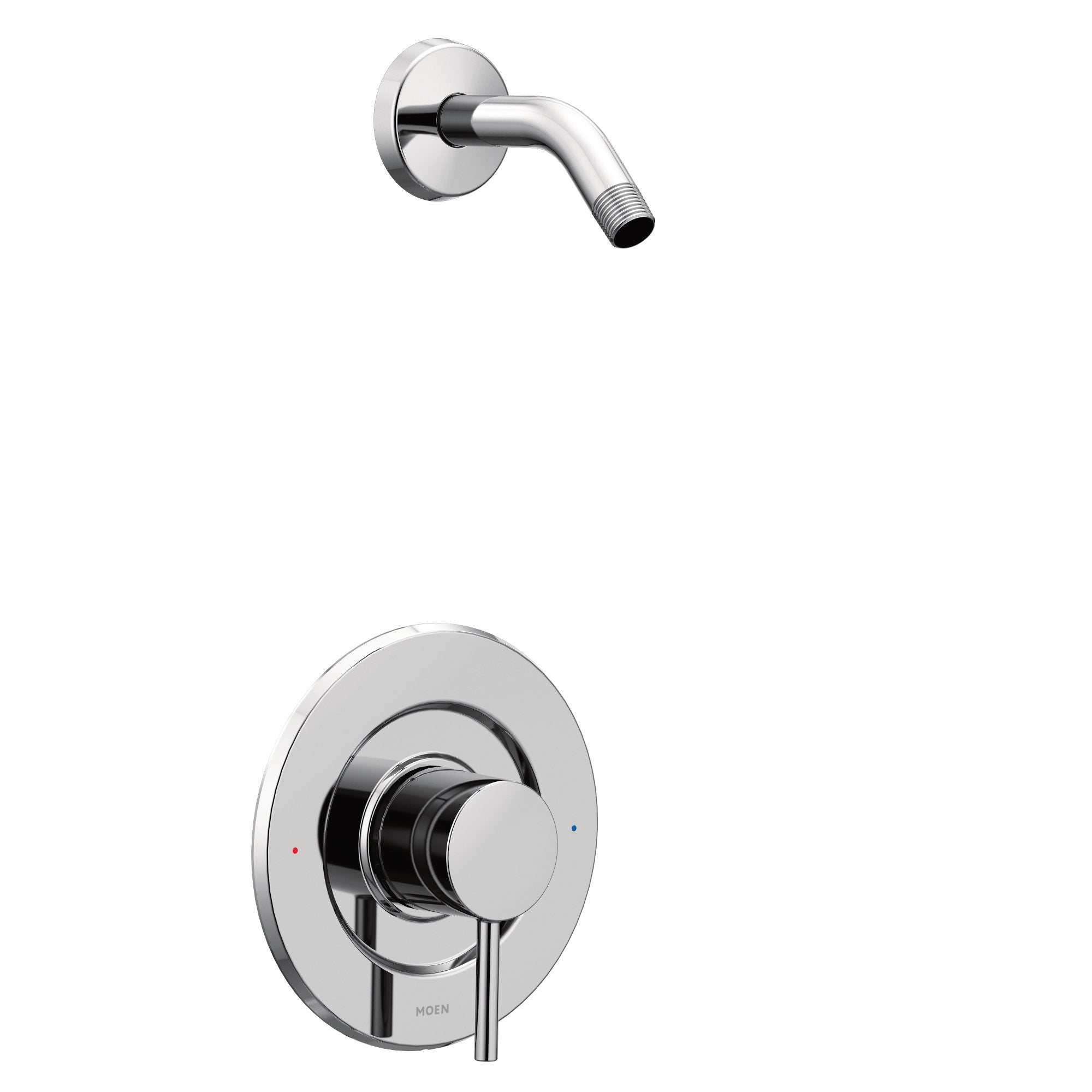 Chrome shower trim kit with curved arm and round valve trim plate with temperature control indicator dots.