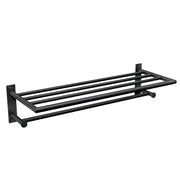 Matte black metal towel shelf with horizontal bar and wall-mounted brackets.