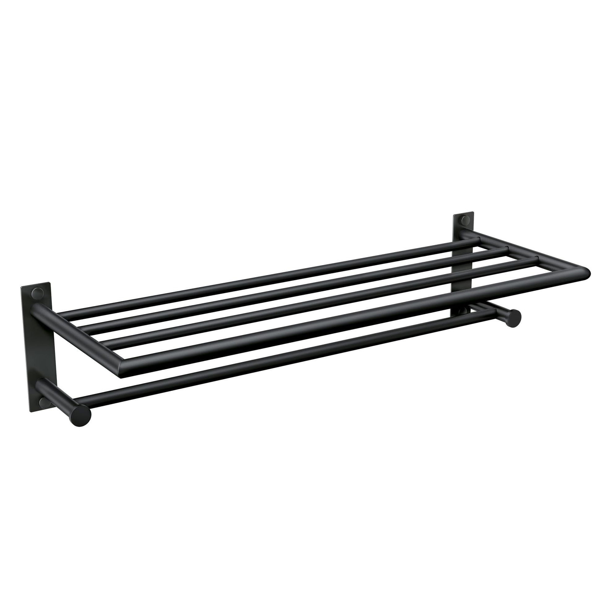 Matte black metal towel shelf with horizontal bar and wall-mounted brackets.
