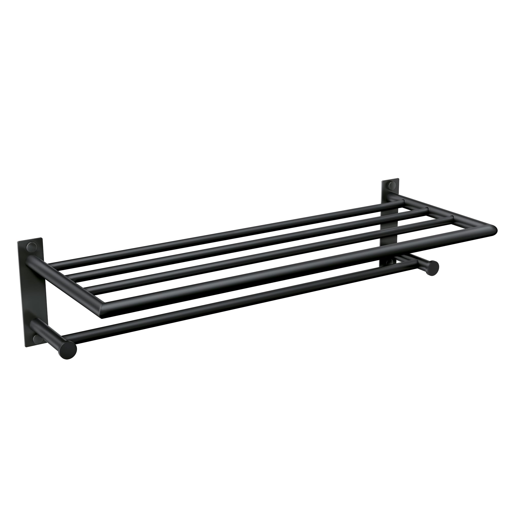 Matte black metal towel shelf with horizontal bar and wall-mounted brackets.
