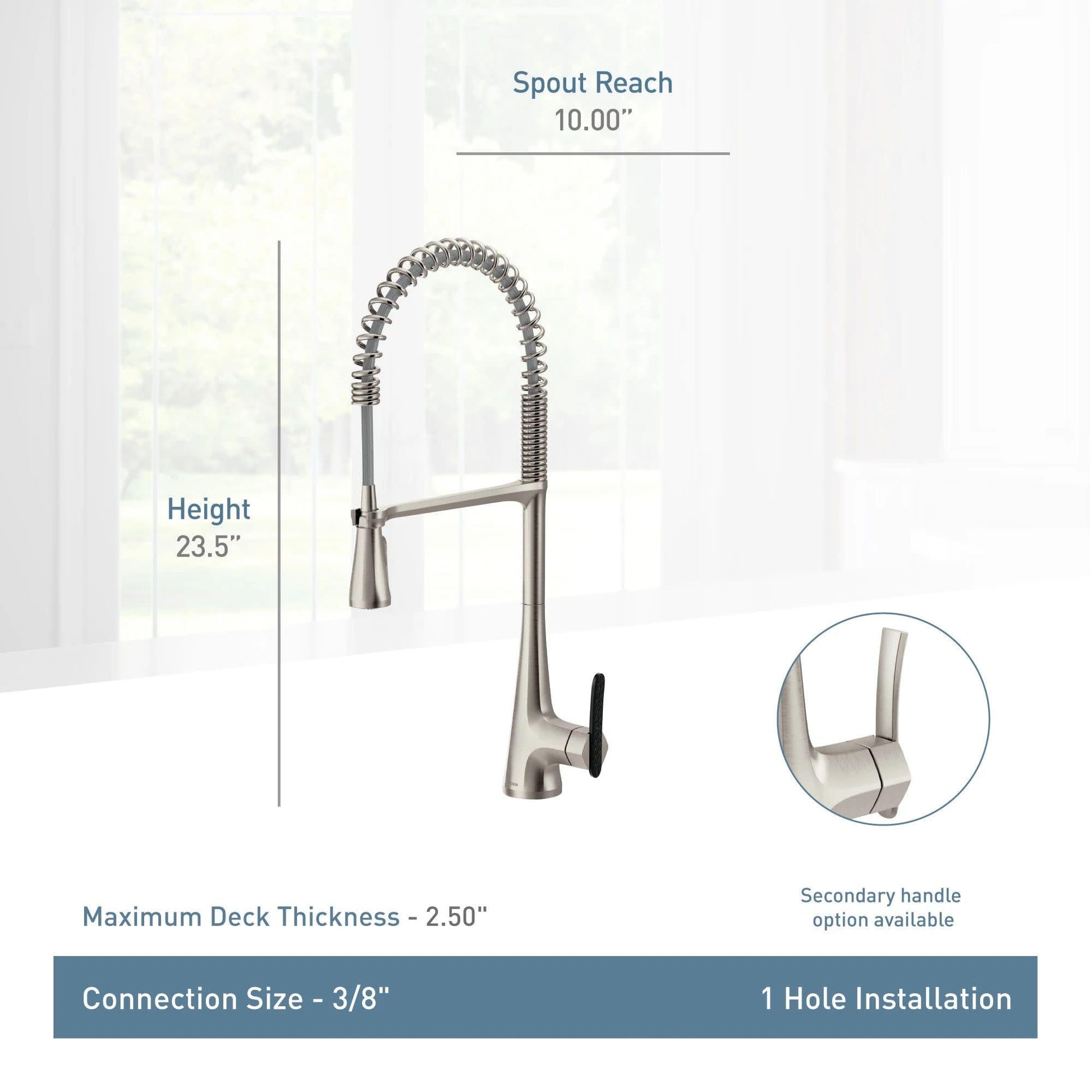 Stainless steel pulldown kitchen faucet with coiled spray hose, single handle, and 10" spout reach.