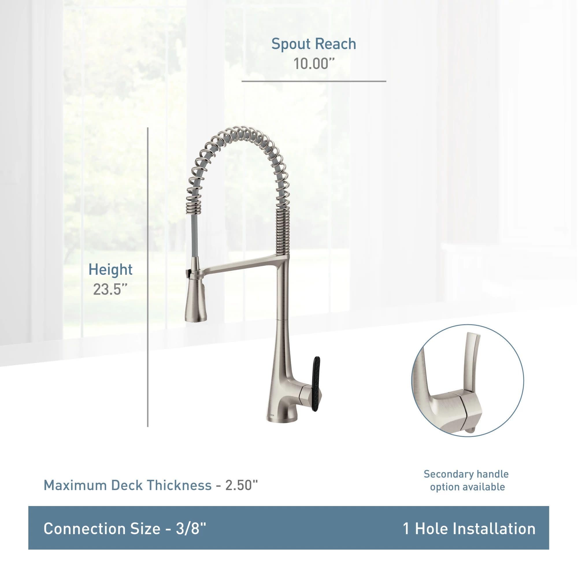 Moen Sinema matte black kitchen faucet with pulldown sprayer, 23.5" height, 10" spout reach, single handle with black accent.