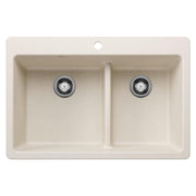 Soft white dual-bowl kitchen sink with low divide and two drain strainers, top-mount installation.