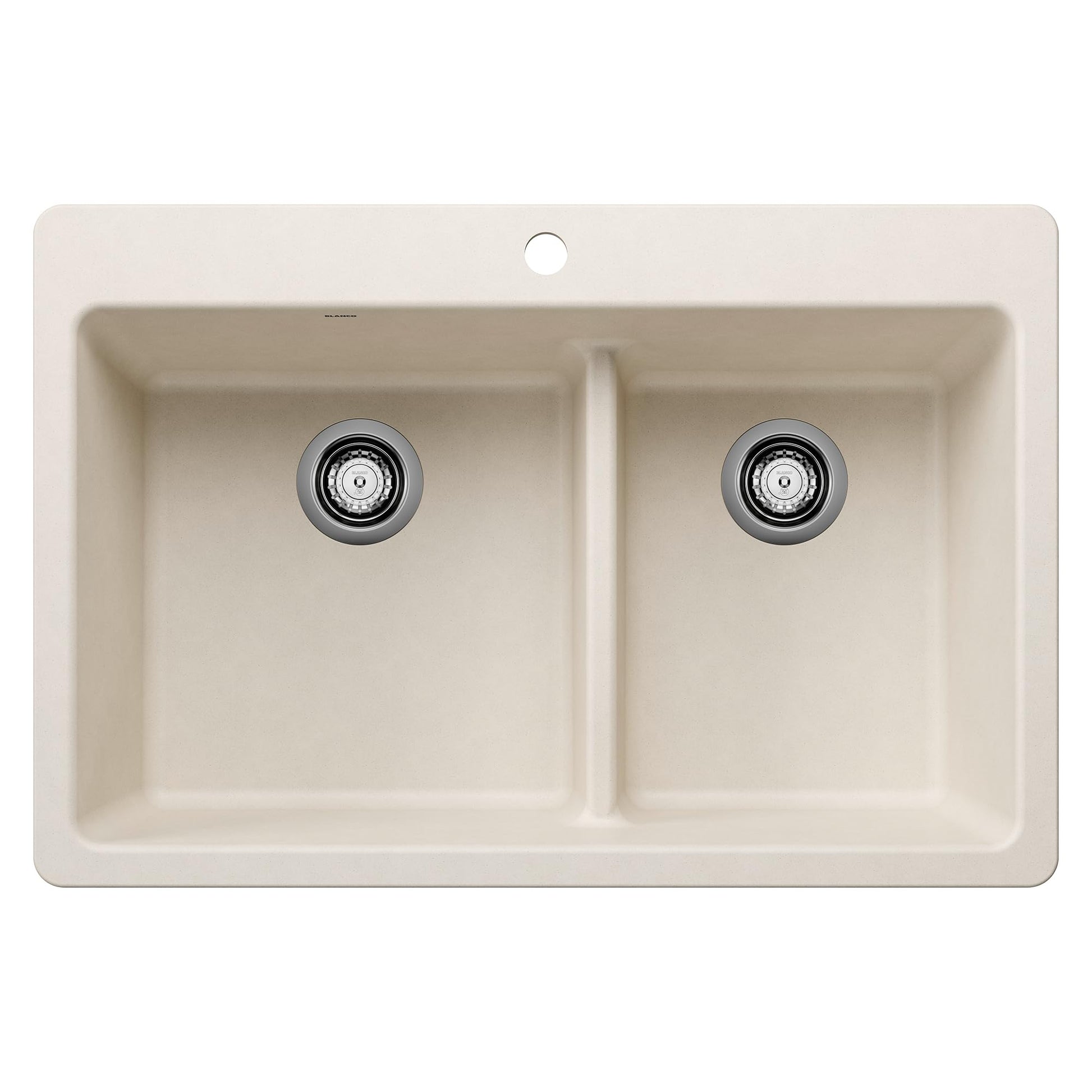 Soft white dual-bowl kitchen sink with low divide and two drain strainers, top-mount installation.