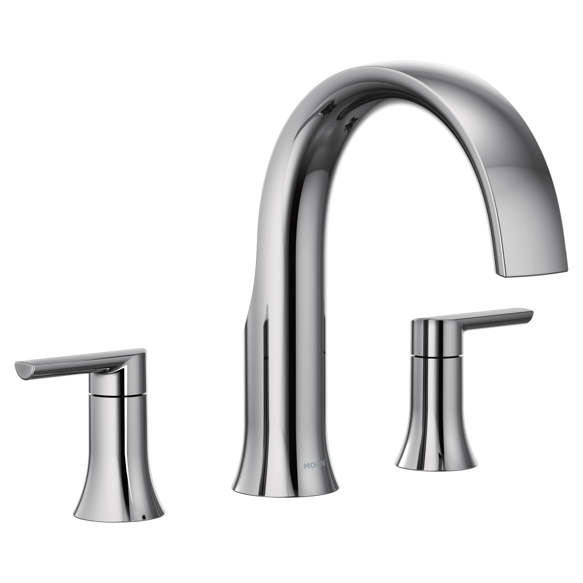 Chrome roman tub faucet with high arc spout and two lever handles on white background.