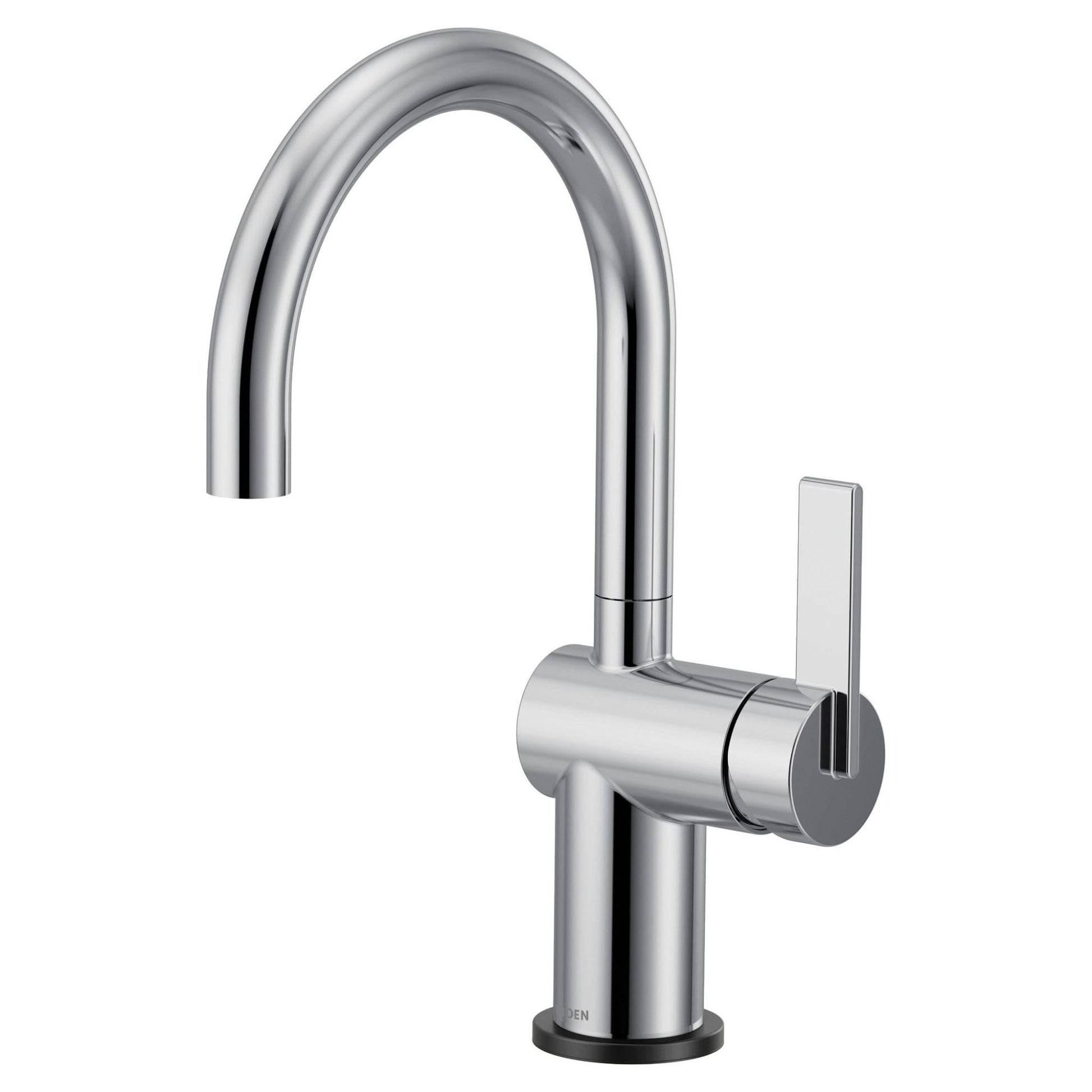 Chrome single-handle bar faucet with high curved spout and rectangular lever handle.