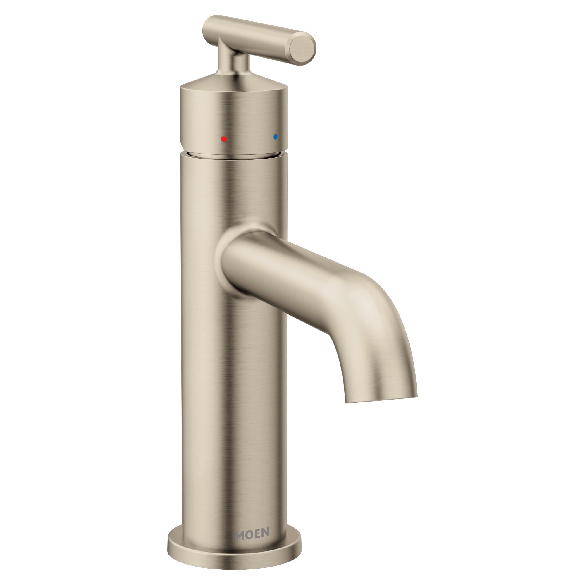 Brushed nickel single-handle bathroom faucet with curved spout and lever control, red and blue indicator dots visible.