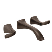 Bronze wall-mount bathroom faucet trim kit with two curved lever handles and curved spout.