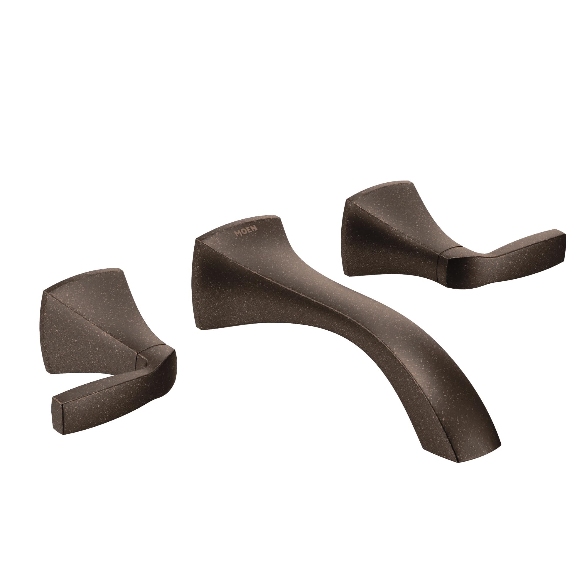 Bronze wall-mount bathroom faucet trim kit with two curved lever handles and curved spout.