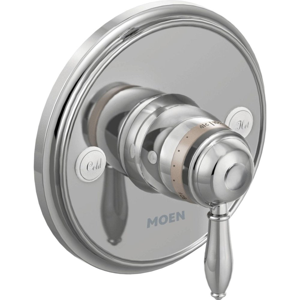 Chrome shower valve trim with round escutcheon, single lever handle, and temperature control knob labeled "Cold" and "Hot".