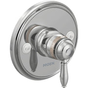 Chrome shower valve trim with round escutcheon, single lever handle, and temperature control knob labeled "Cold" and "Hot".