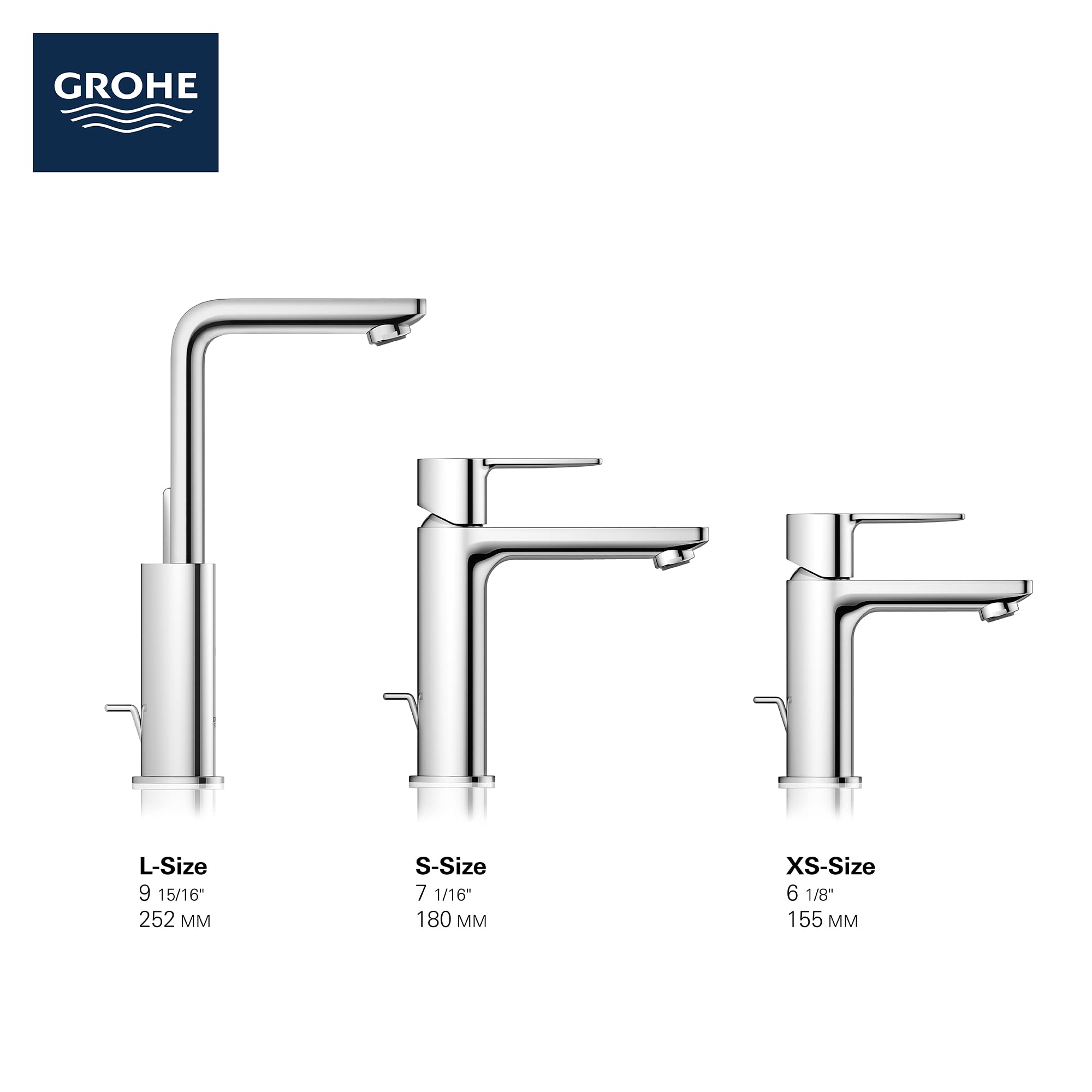 Grohe Lineare chrome single-handle deck mount roman tub faucet shown in three size options with curved spout and lever handle