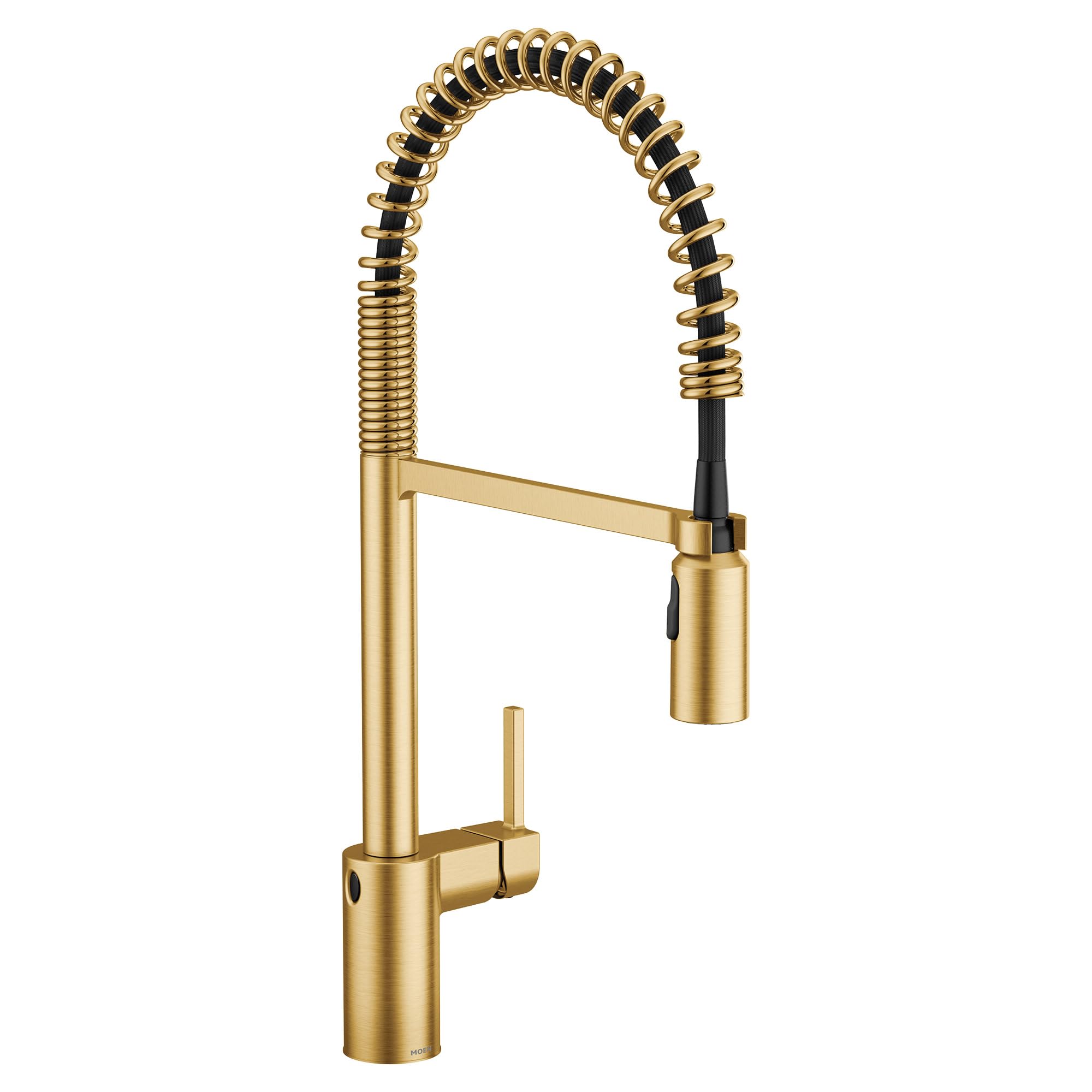 Brushed gold kitchen faucet with coiled spring sprayer and single handle lever.