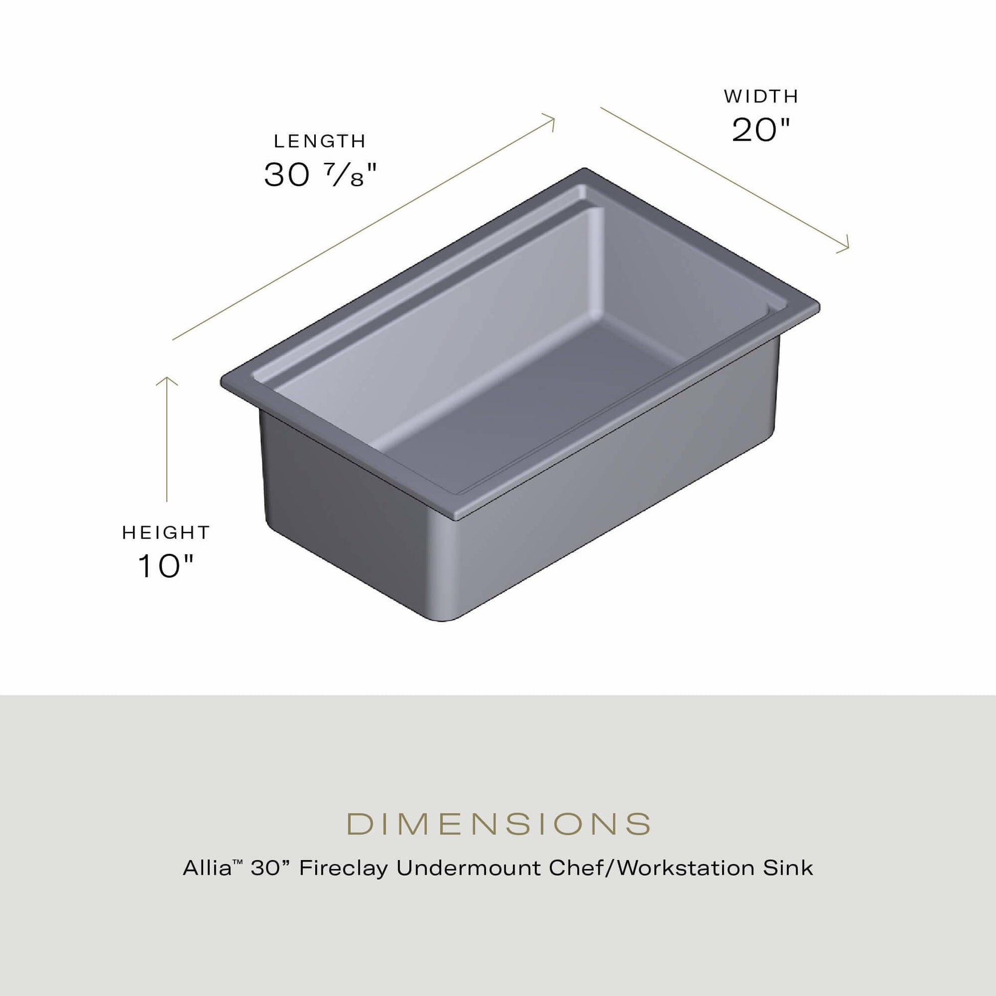 White fireclay undermount sink with single rectangular basin, 30 7/8" length, 20" width, 10" height.